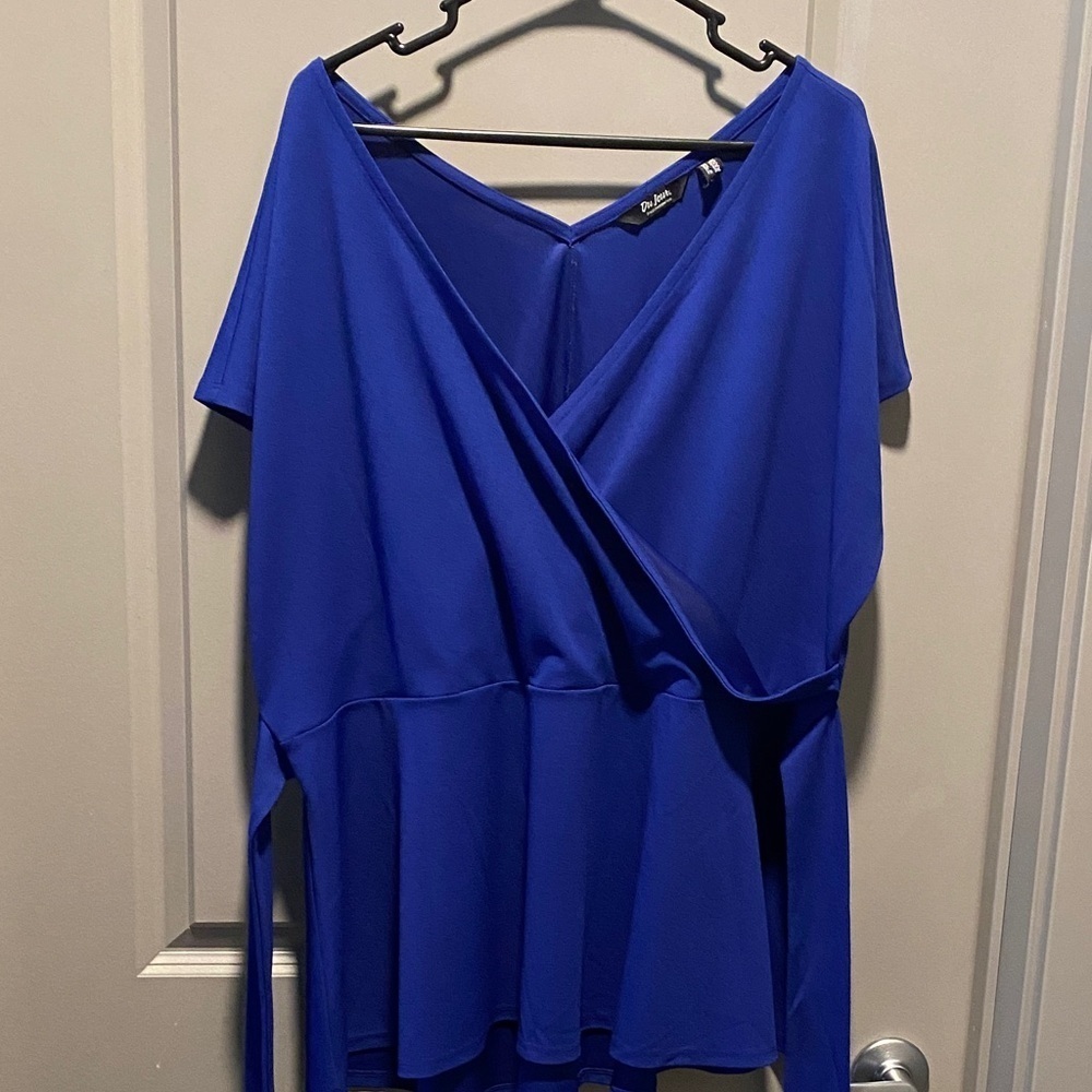 Du Jour Royal Blue Faux Wrap Peplum Top 2X Tie Waist Career Blouse